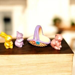 Bunnies With Basket Set Purple Pink and Yellow Bunnies